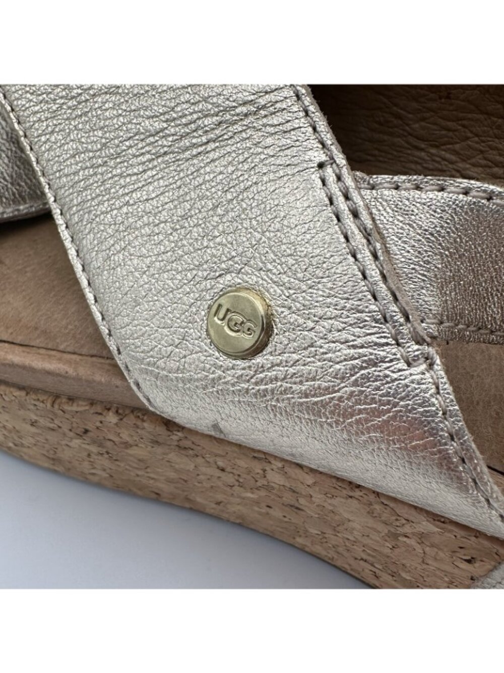 UGG Shoshana Sandals Women’s Size 8.5 Gold Leather Platform Cork Slides 1100983 - Picture 5 of 10